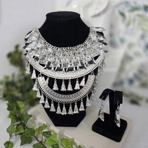 Large Statement Silver Boho Ethnic Bib Necklace And Earrings Set